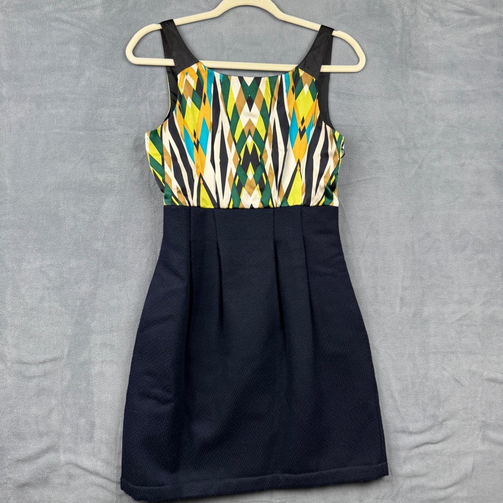 Hype Geometric Print Waist Pleated Fit Flare Dress Womens‎ 2 Black Yellow Silk